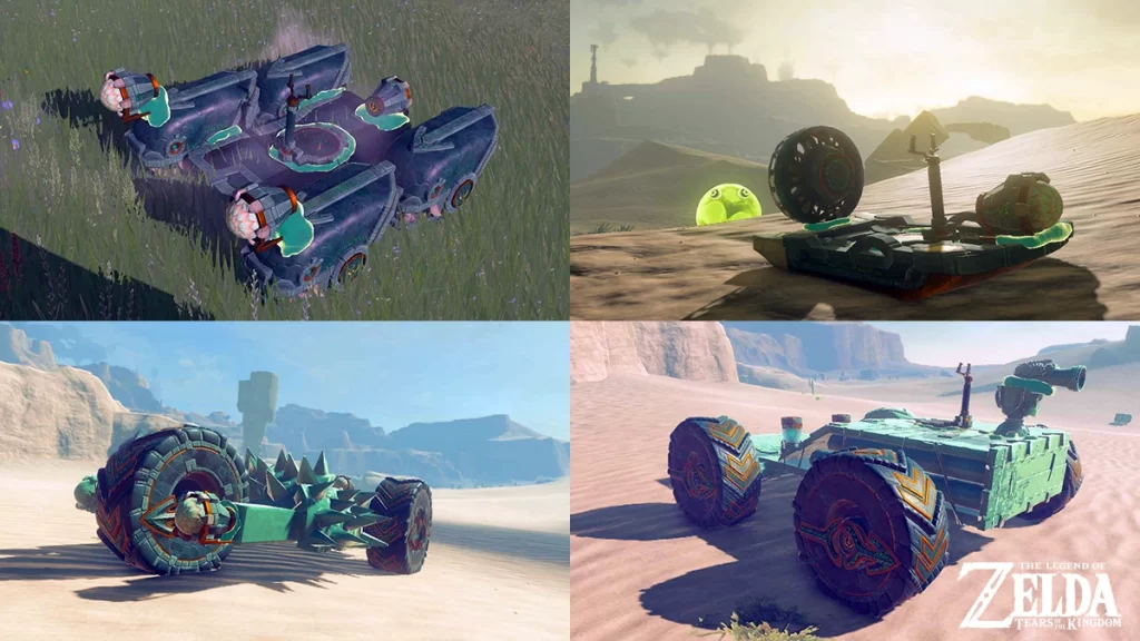 Custom-built vehicles with tires made using Ultrahand and Autobuild in Tears of the Kingdom.