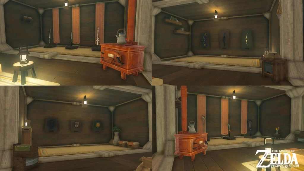 Link’s house displaying an impressive collection of weapons, shields, and bows.