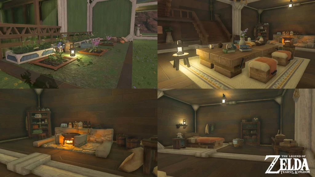 A collage showcasing Link's house in Tarrey Town, featuring different rooms and weapon displays.