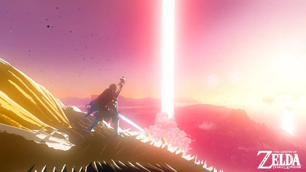 Link standing in a battle-ready stance with a bright light illuminating the battlefield.