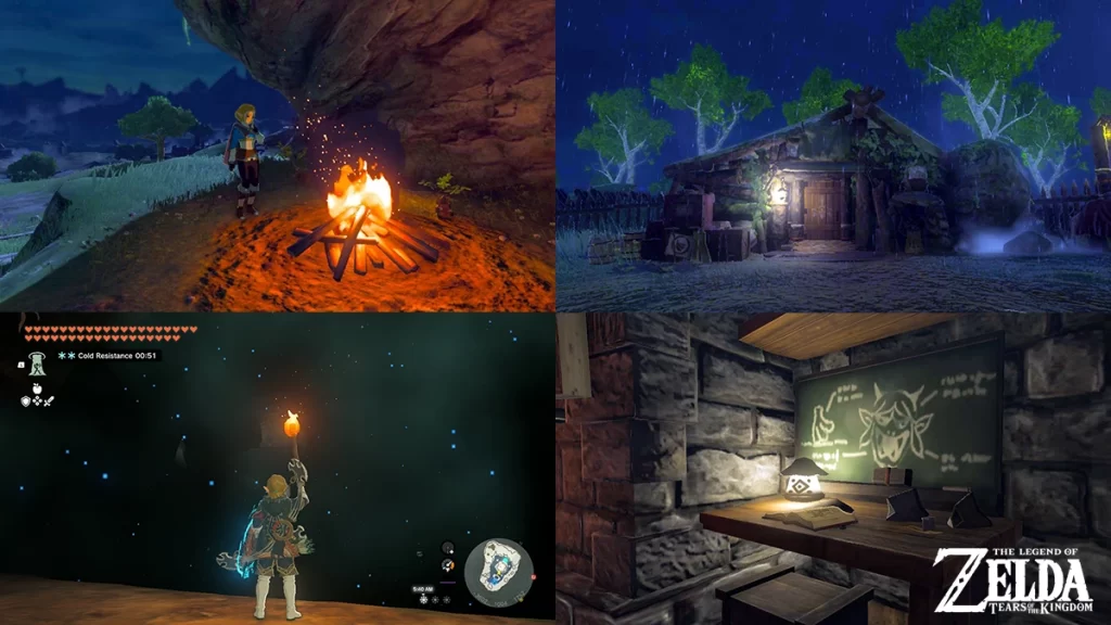 Various light sources in Tears of the Kingdom, including a torch, lanterns, and a campfire with Zelda.