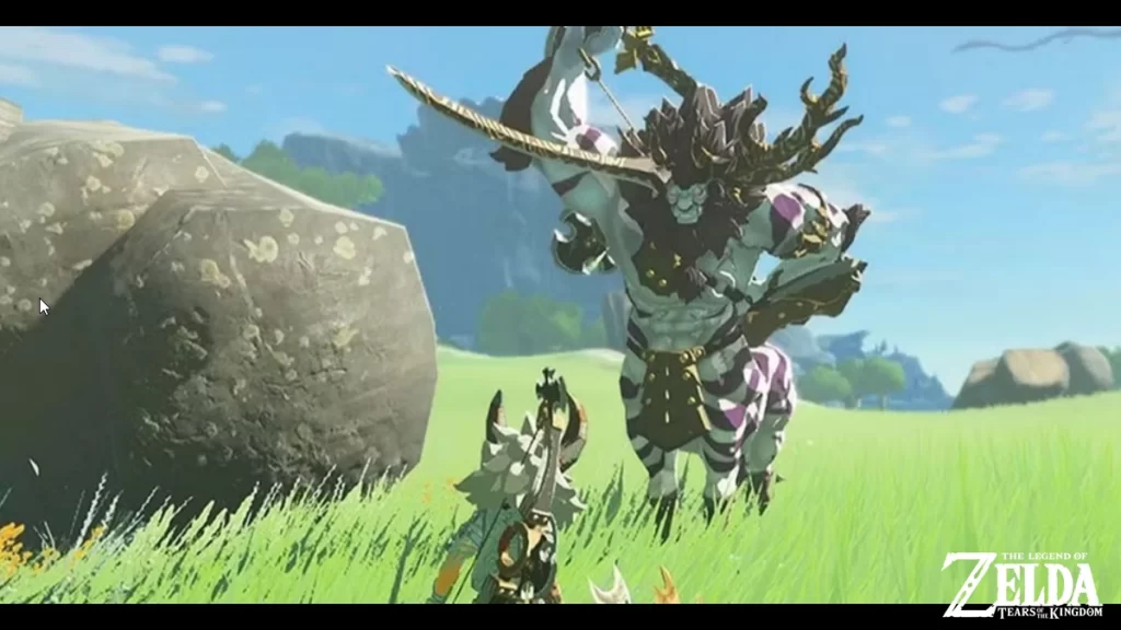 A White Lynel lunging toward Link in an intense battle sequence.