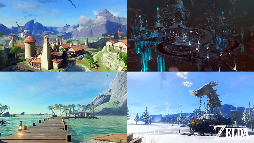 A collage of in-game screenshots captured using Photo Mode in Tears of the Kingdom.