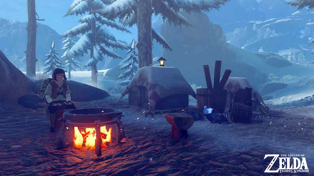 A warm campfire glowing in the darkness of Hyrule, offering a place to rest and cook food.