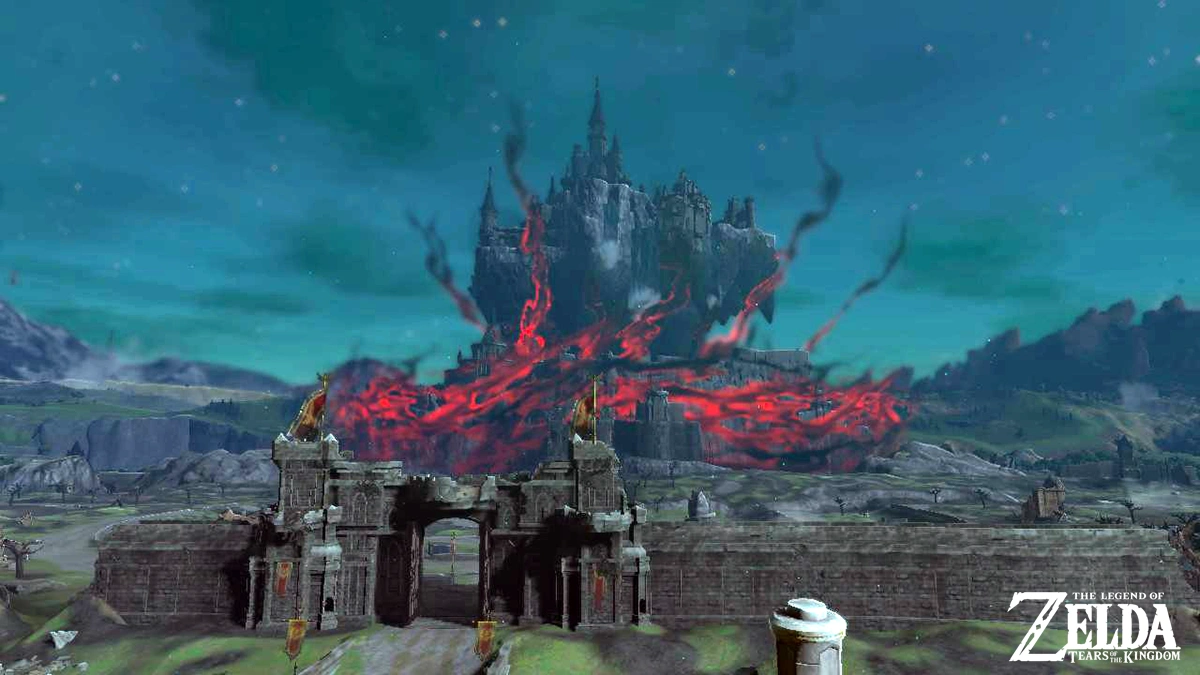 A breathtaking view of Hyrule Castle standing tall in the world of Tears of the Kingdom.