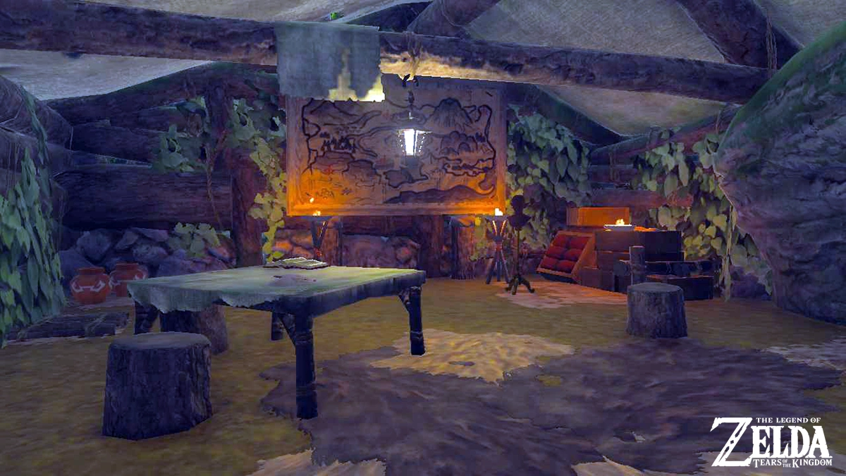 A decorated home interior featuring a table and a banner map on the wall in Tears of the Kingdom.