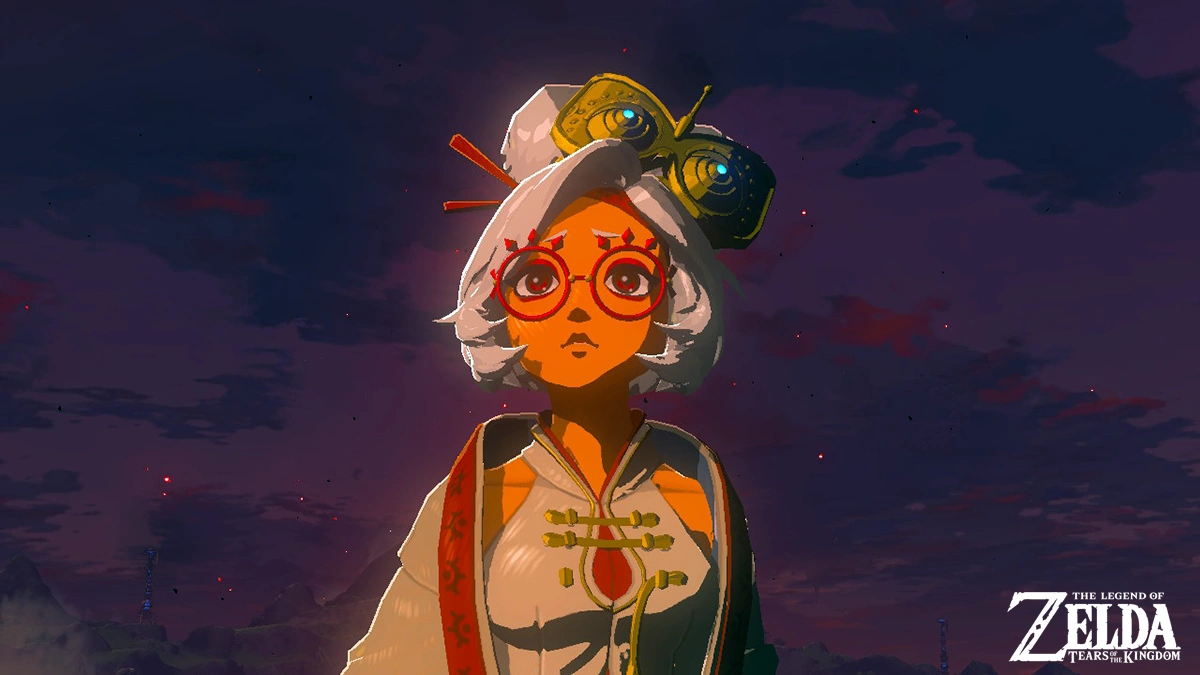 Purah gazing at the sky as darkness falls over Hyrule, creating a peaceful atmosphere.