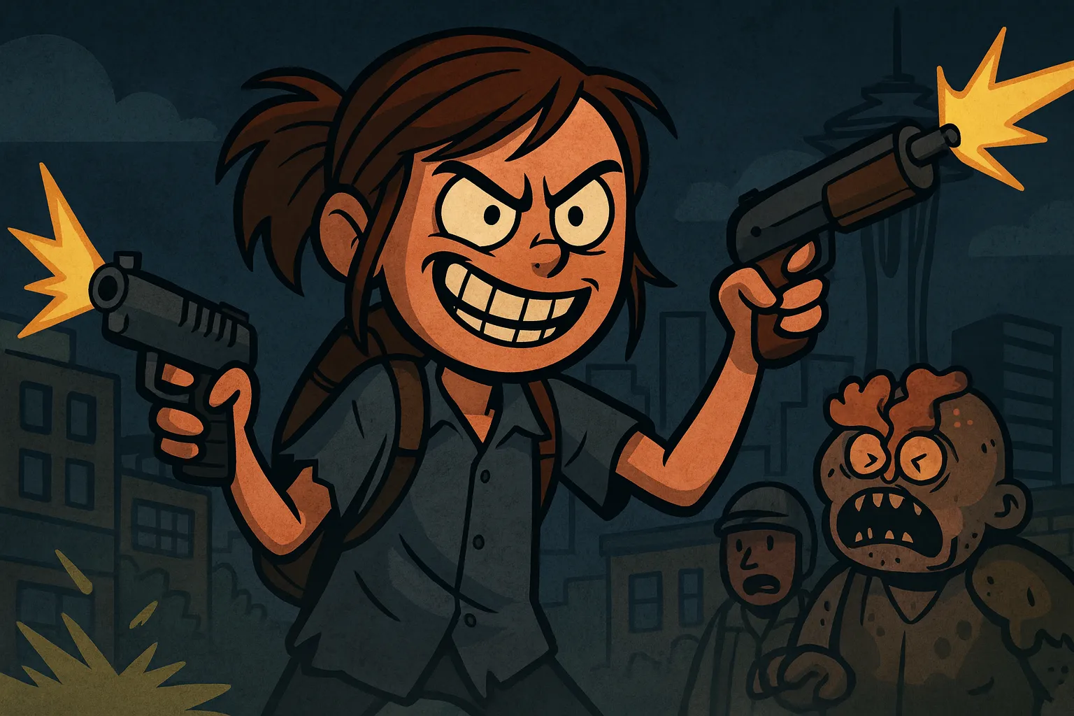 Cartoon-style Ellie from The Last of Us 2 firing two guns in Seattle during New Game Plus, with clicker and WLF soldier in background.
