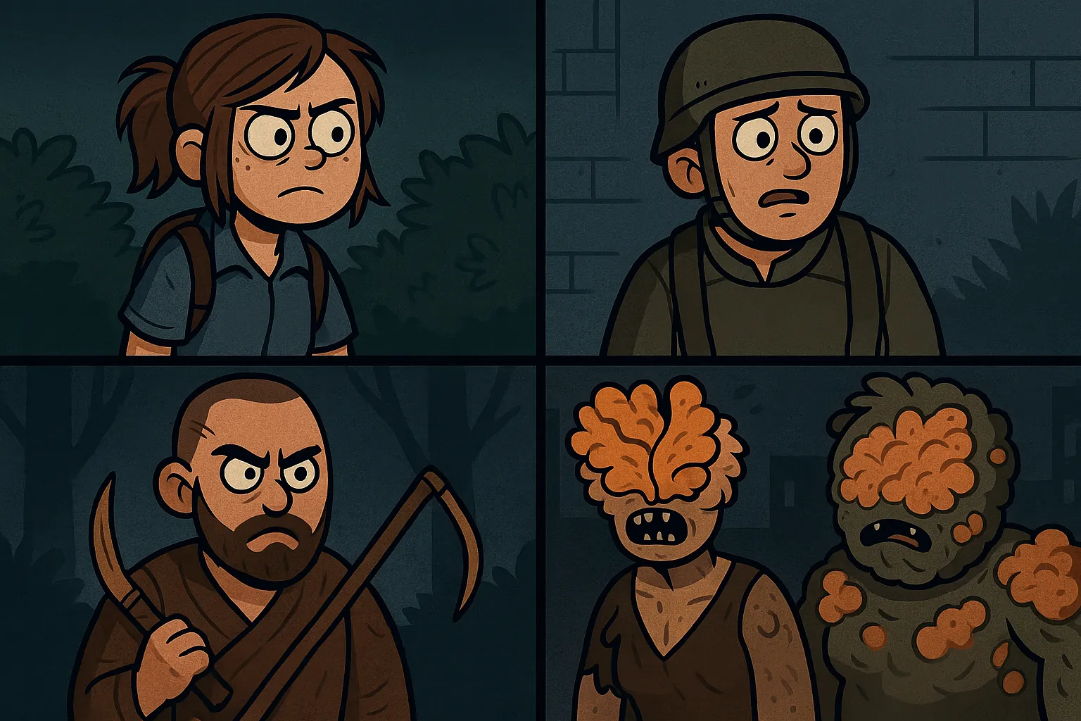Four-panel cartoon illustration featuring Ellie, a WLF soldier, a Seraphite (Scar), and infected Clicker and Bloater from The Last of Us Part II.