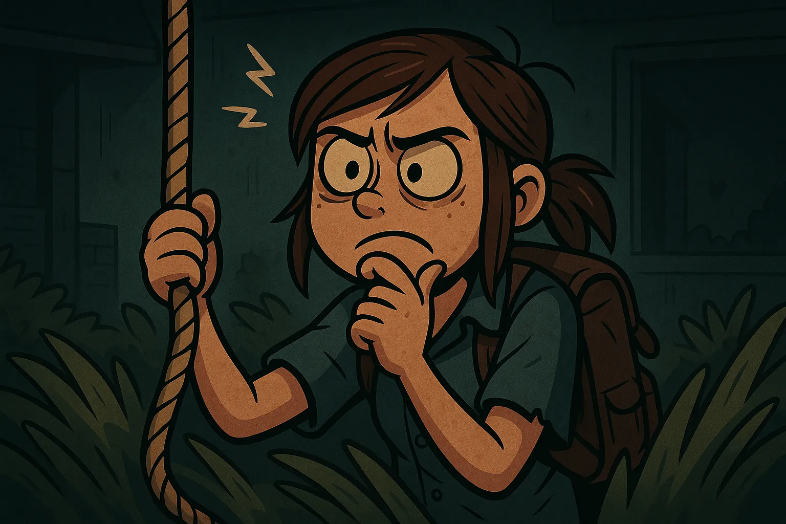 Cartoon-style Ellie from The Last of Us Part II holding a rope and thinking, referencing the game’s rope puzzle mechanic in a Seattle environment.