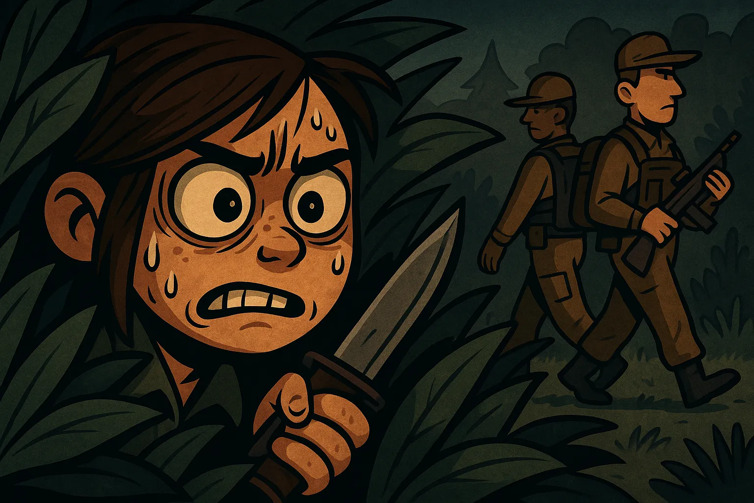 Cartoon-style Ellie from The Last of Us Part II hiding in bushes with a knife, watching WLF soldiers patrol nearby during a stealth encounter.