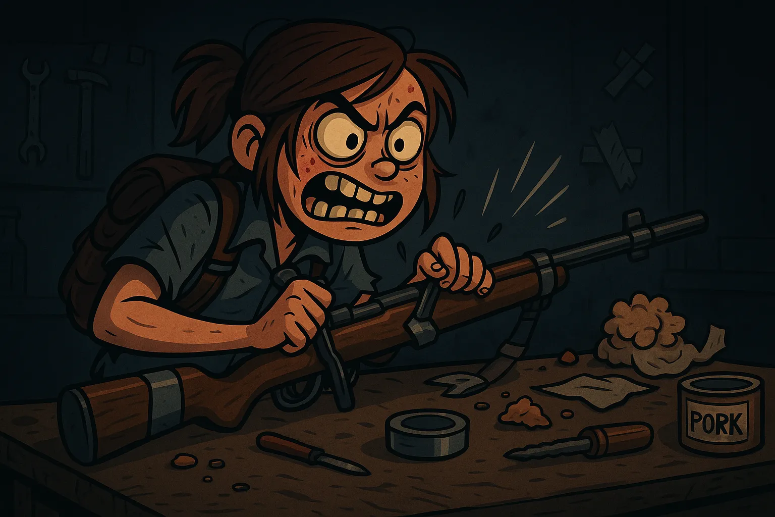 Cartoon-style Ellie from The Last of Us Part II upgrading a rifle at a workbench, surrounded by tools and parts, showing the game’s weapon customization system.
