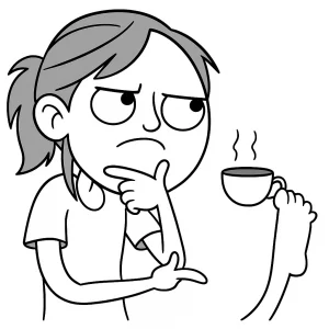 Cartoon-style Ellie from The Last of Us Part II thinking with a confused expression while someone offers her a cup of coffee.