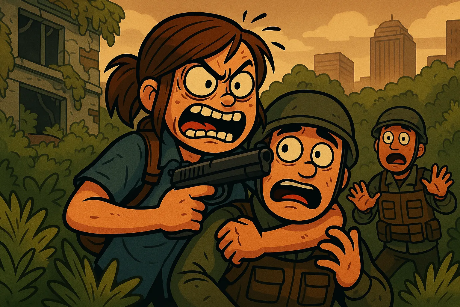 Cartoon-style Ellie from The Last of Us Part II holding a WLF soldier hostage with a gun while another soldier reacts in fear, showing the game’s stealth grab mechanic.