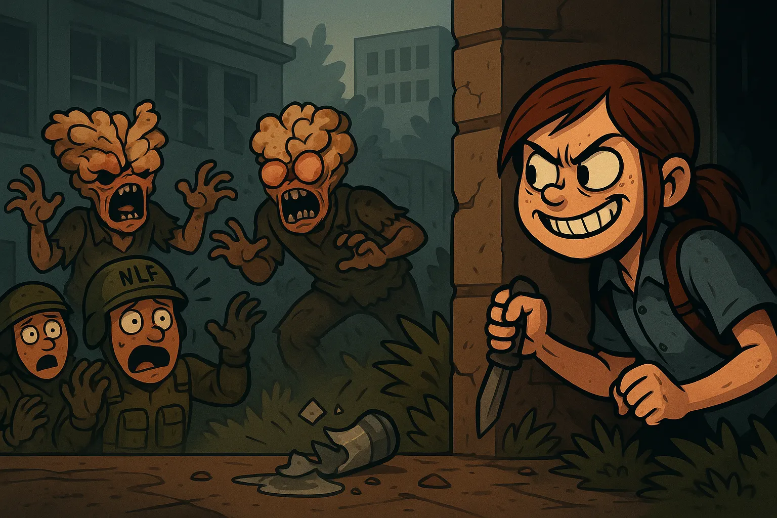 Cartoon-style Ellie from The Last of Us Part II hiding behind a wall after throwing a bottle, startling Clickers and frightening WLF soldiers as the noise draws enemies toward them.