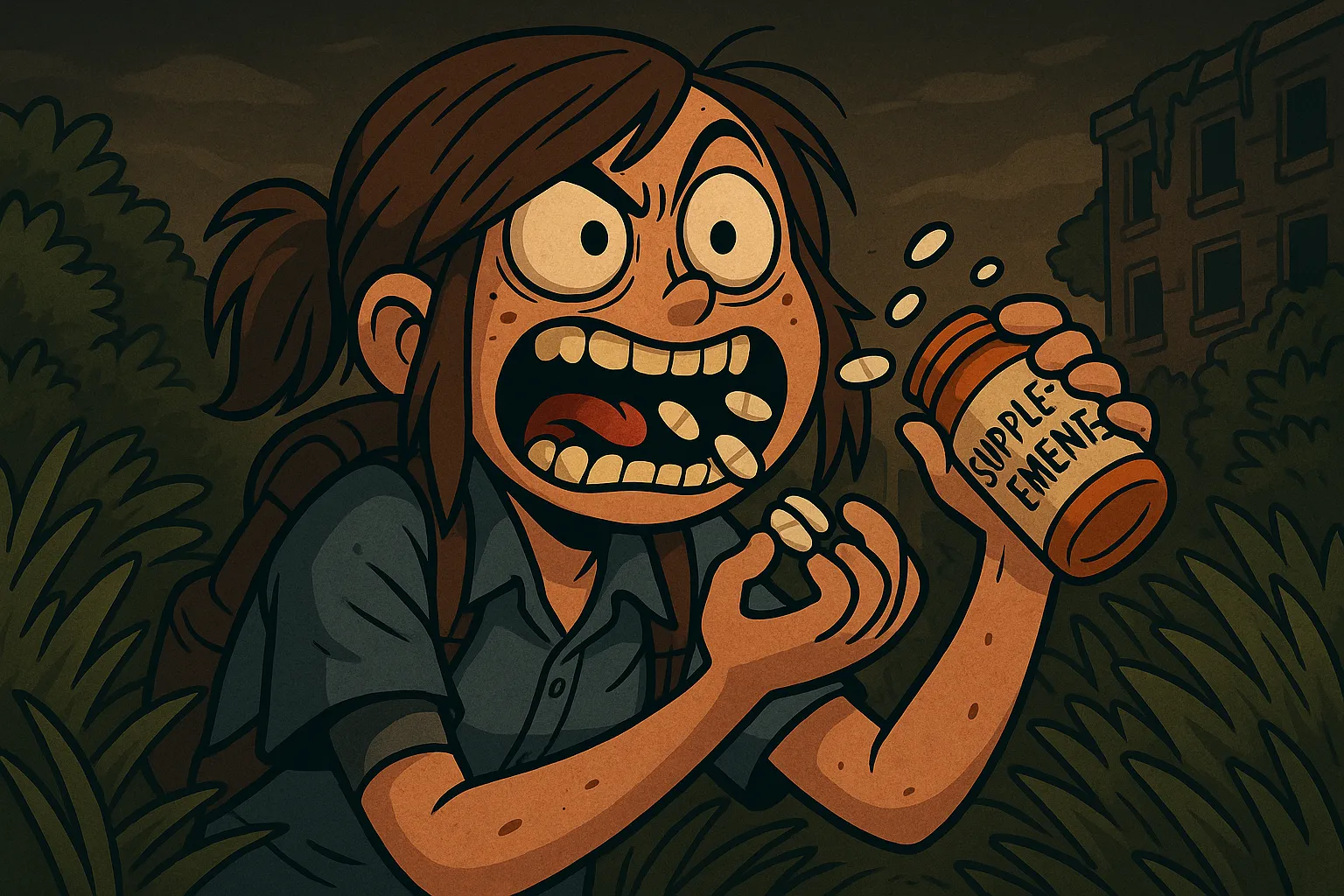 Cartoon-style Ellie from The Last of Us Part II frantically consuming supplements, representing the game’s skill upgrade system.