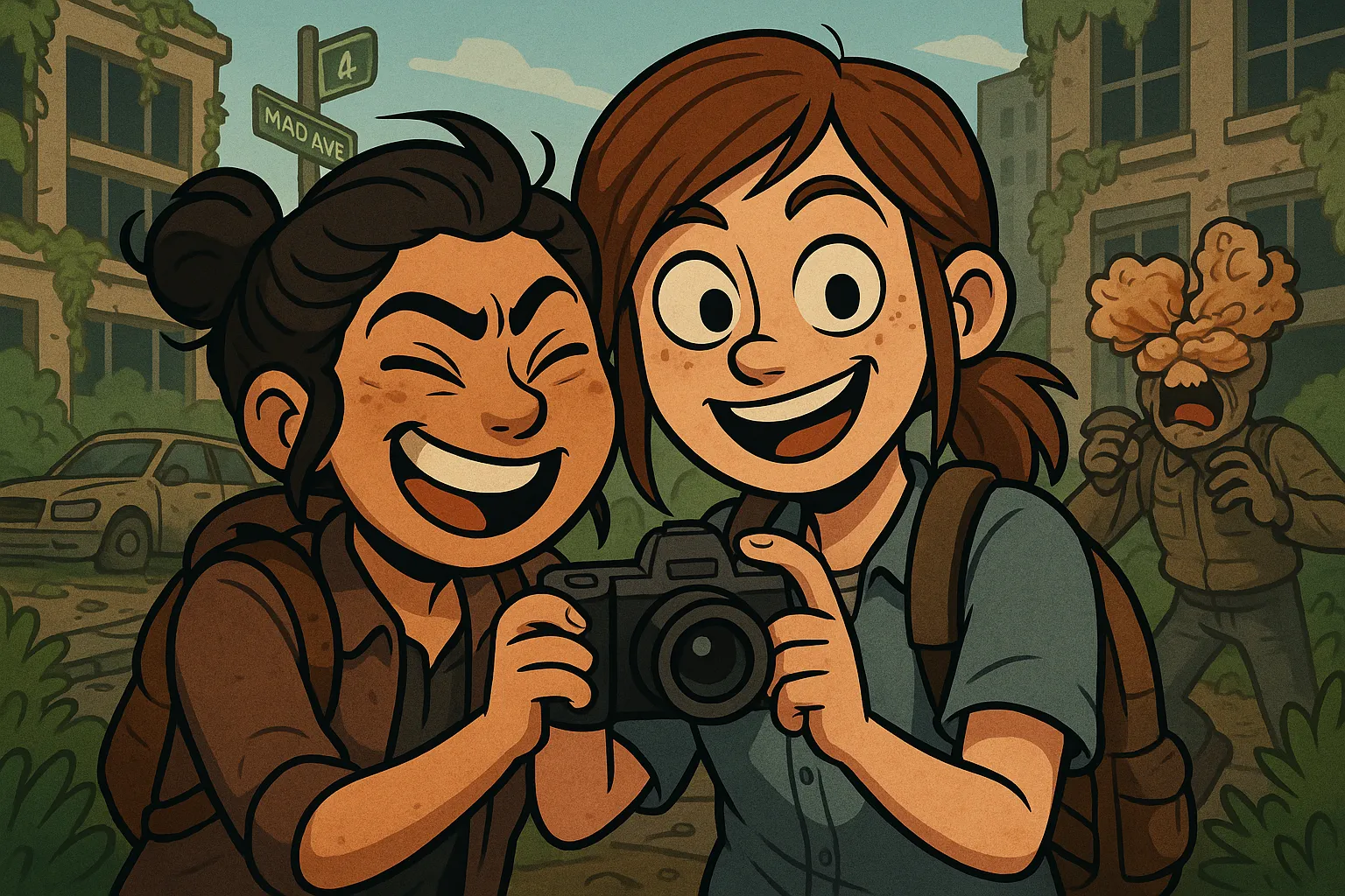 Cartoon-style Ellie and Dina from The Last of Us Part II smiling and taking a photo together in Seattle while a Clicker approaches in the background.