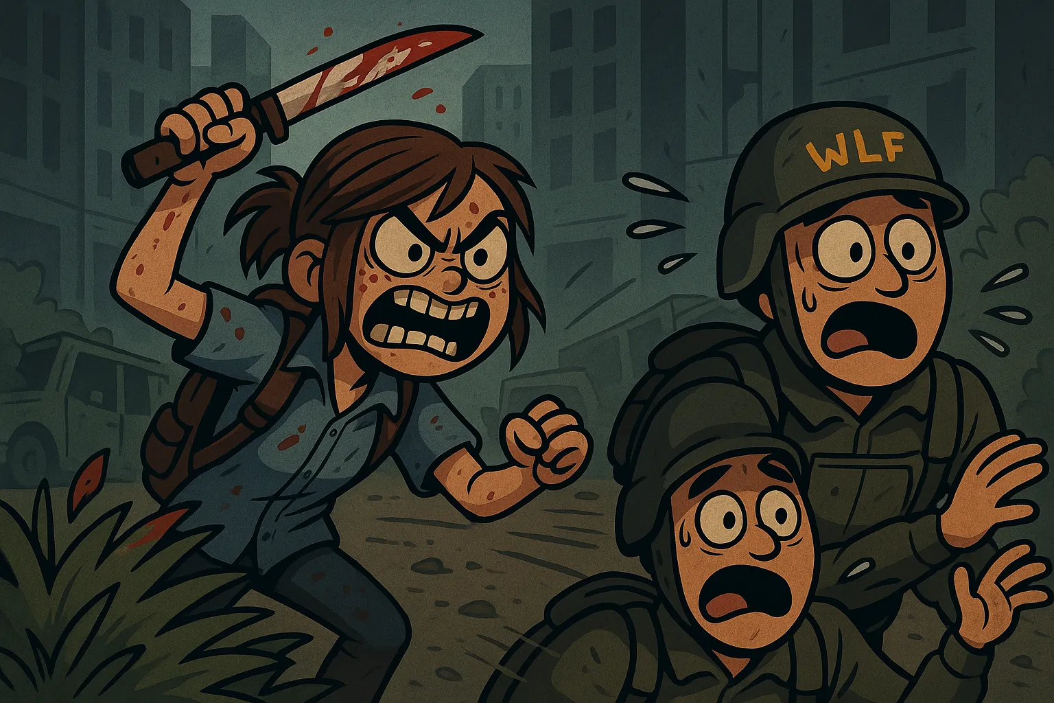 Cartoon-style Ellie from The Last of Us Part II charging with a bloody machete while terrified WLF soldiers run away during an aggressive combat encounter.